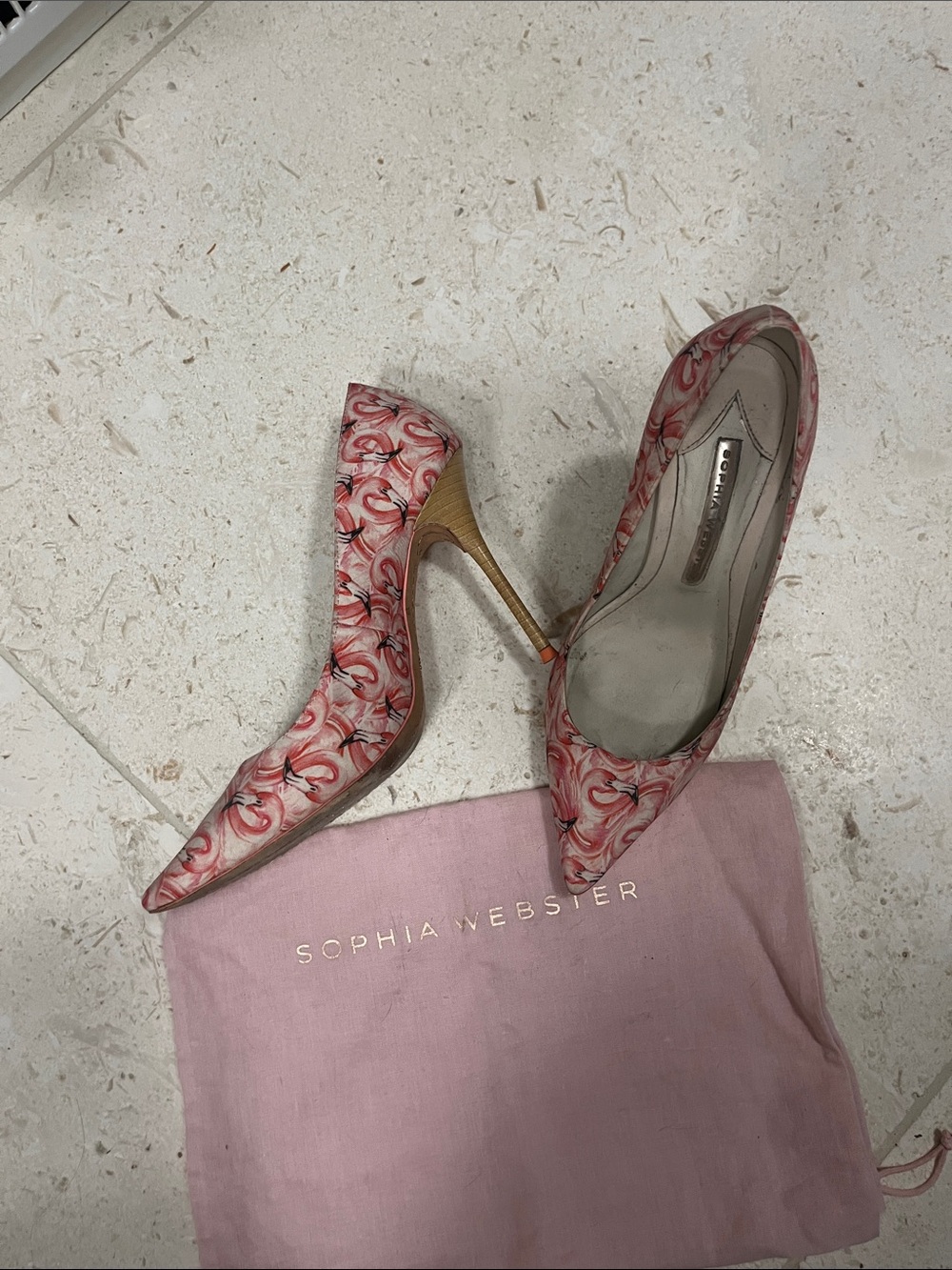 Sophia Webster Pink Floral Pointed Pumps with Gold Heel
